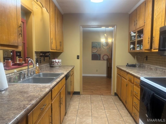 3037 Willow Lane Dr, Montgomery, AL 36109 - kitchen featuring decorative backsplash, brown cabinetry, stainless steel dishwasher, a sink, and electric stove