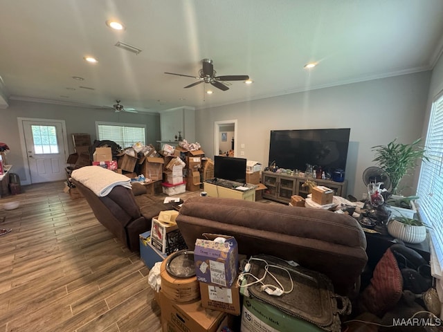 107 Jules Ln, Ashford, AL 36312 - living room featuring a ceiling fan, wood finished floors, crown molding, and recessed lighting