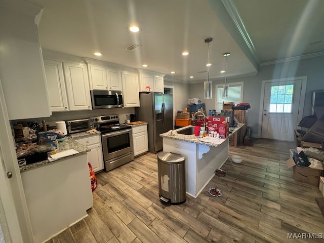 107 Jules Ln, Ashford, AL 36312 - kitchen featuring stainless steel appliances, a sink, crown molding, white cabinets, and wood finished floors