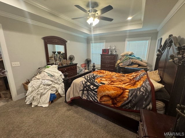 107 Jules Ln, Ashford, AL 36312 - bedroom featuring a raised ceiling, carpet floors, crown molding, a ceiling fan, and baseboards