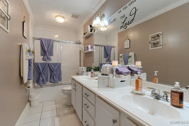 177 Old Orchard Loop, Deatsville, AL 36022 - full bathroom featuring double vanity, toilet, tile patterned flooring, a chandelier, and shower / bath combination with glass door