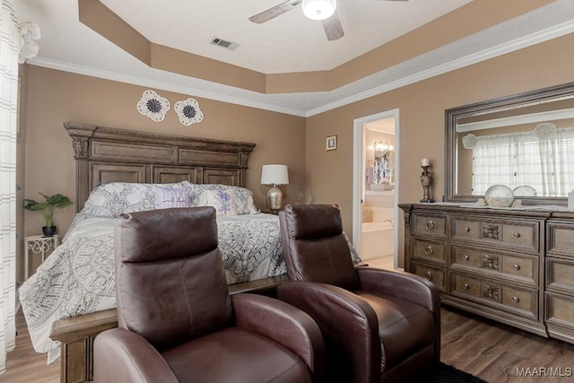 177 Old Orchard Loop, Deatsville, AL 36022 - bedroom with wood finished floors, ensuite bath, a raised ceiling, ornamental molding, and ceiling fan