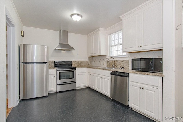 1943 Gorgas St, Montgomery, AL 36106 - kitchen with backsplash, a sink, white cabinets, stainless steel appliances, and wall chimney exhaust hood