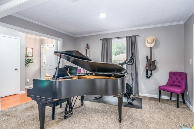 living area with crown molding and baseboards