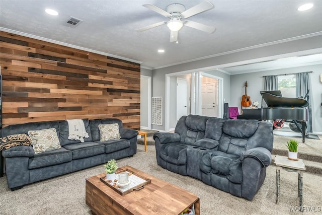 living area with carpet floors, recessed lighting, and visible vents