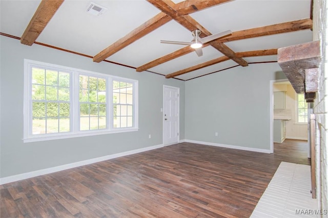 unfurnished living room featuring lofted ceiling with beams, dark wood finished floors, a ceiling fan, baseboards, and visible vents