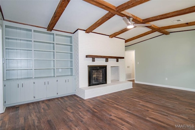 unfurnished living room featuring baseboards, lofted ceiling with beams, dark wood-style flooring, and visible vents