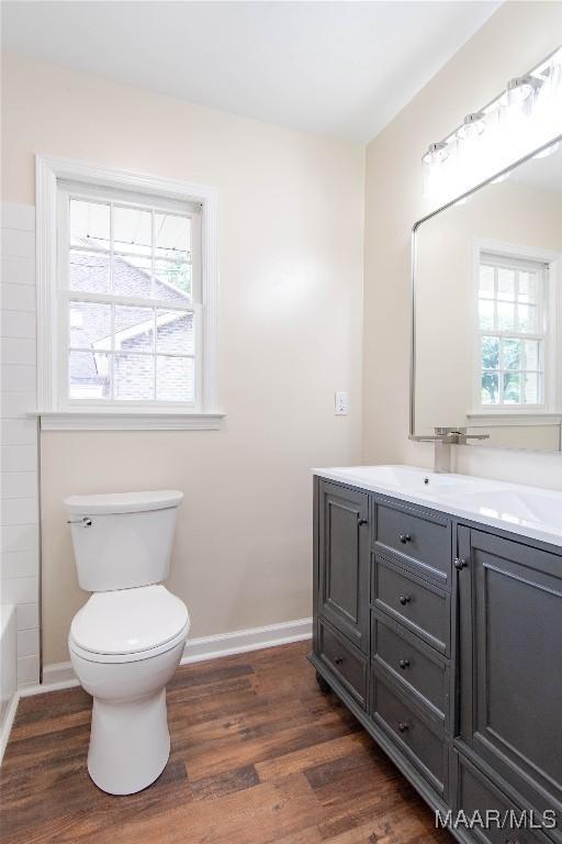 bathroom featuring toilet, baseboards, wood finished floors, and vanity