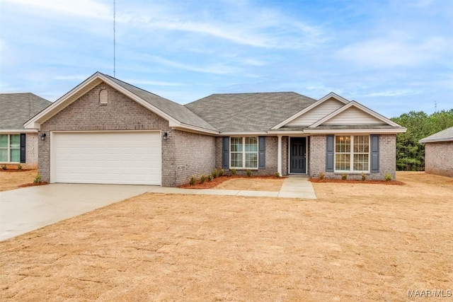 single story home with brick siding, an attached garage, driveway, and roof with shingles