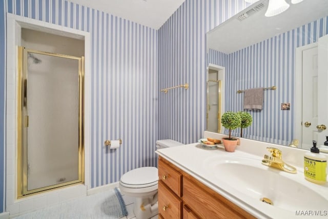1750 County Road 461, Clanton, AL 35046 - full bathroom featuring wallpapered walls, a stall shower, vanity, and tile patterned floors