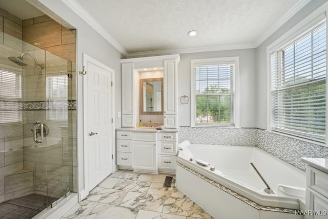 1750 County Road 461, Clanton, AL 35046 - bathroom with vanity, a bath, a stall shower, marble finish flooring, and ornamental molding