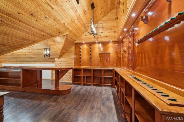 1750 County Road 461, Clanton, AL 35046 - wine area with wood ceiling, vaulted ceiling, wooden walls, dark wood-style flooring, and a relaxing sauna