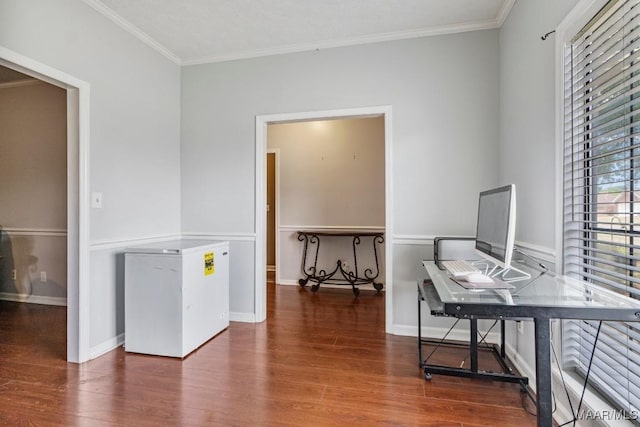 home office with baseboards, ornamental molding, and wood finished floors