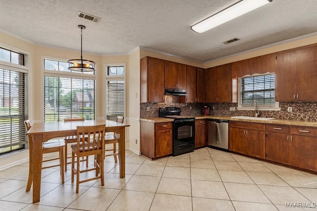 kitchen with visible vents, under cabinet range hood, black range with electric stovetop, a sink, and dishwasher