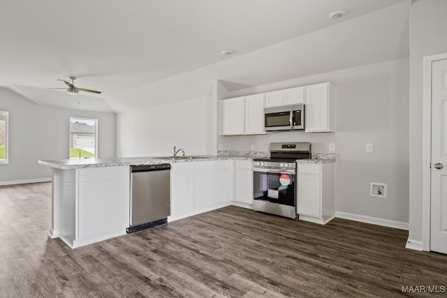 202 Canal Xing, Wetumpka, AL 36092 - kitchen with ceiling fan, a sink, a peninsula, stainless steel appliances, and dark wood-type flooring