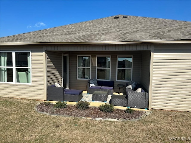 178 Canal Xing, Wetumpka, AL 36092 - rear view of house with an outdoor living space, a shingled roof, and a lawn