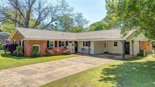 single story home with brick siding, driveway, roof with shingles, and an attached carport