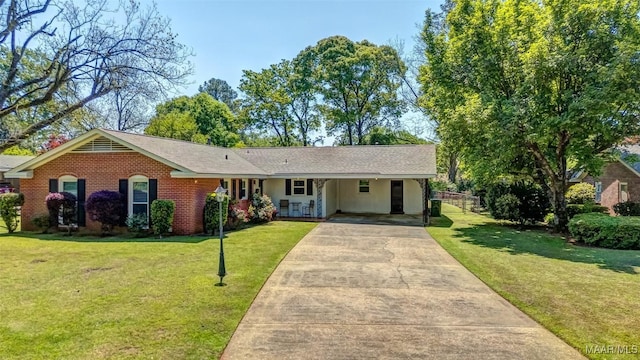 ranch-style home with concrete driveway, brick siding, and a front lawn