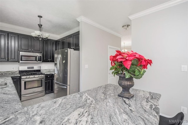 kitchen featuring light tile patterned flooring, an inviting chandelier, light stone counters, stainless steel appliances, and ornamental molding