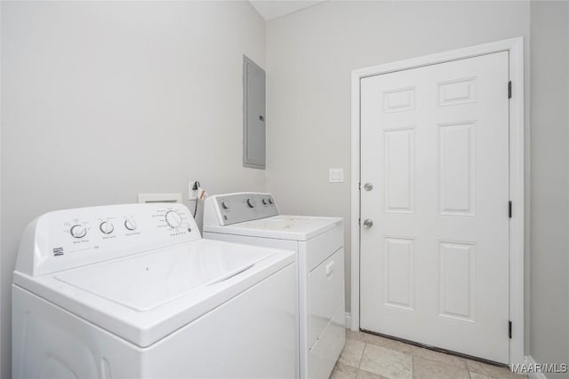 laundry room with washing machine and clothes dryer, laundry area, baseboards, and electric panel