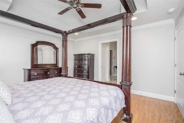 bedroom featuring a ceiling fan, wood finished floors, baseboards, ornamental molding, and recessed lighting