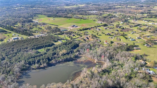 drone / aerial view with a water view and a view of trees