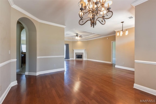 603 Coleman Way, Prattville, AL 36067 - unfurnished living room with visible vents, wood finished floors, ceiling fan with notable chandelier, and a fireplace