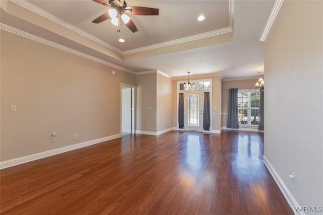 603 Coleman Way, Prattville, AL 36067 - empty room with baseboards, ornamental molding, dark wood-style floors, and ceiling fan with notable chandelier