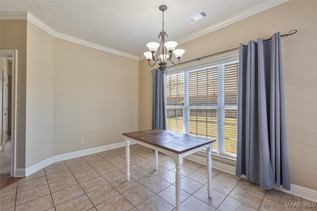 603 Coleman Way, Prattville, AL 36067 - dining room featuring a notable chandelier, light tile patterned floors, baseboards, ornamental molding, and visible vents