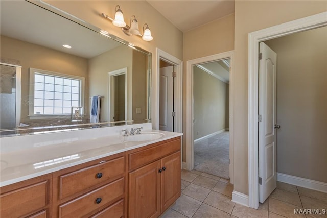 603 Coleman Way, Prattville, AL 36067 - full bath with tile patterned floors, a shower with door, baseboards, and vanity