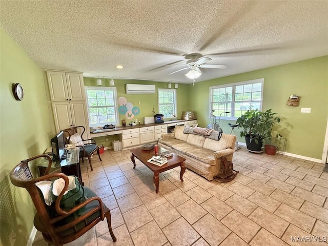 109 Lashley Dr, Selma, AL 36701 - living area with a textured ceiling, a healthy amount of sunlight, a ceiling fan, and a wall mounted AC