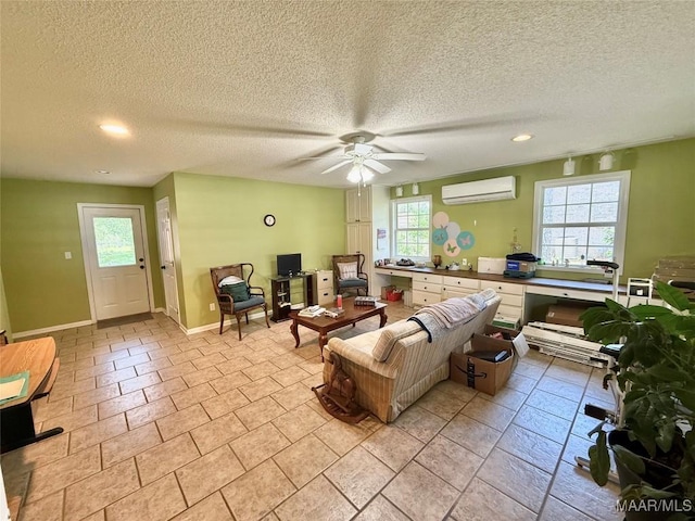 109 Lashley Dr, Selma, AL 36701 - living room featuring a textured ceiling, baseboards, ceiling fan, a wall mounted AC, and recessed lighting