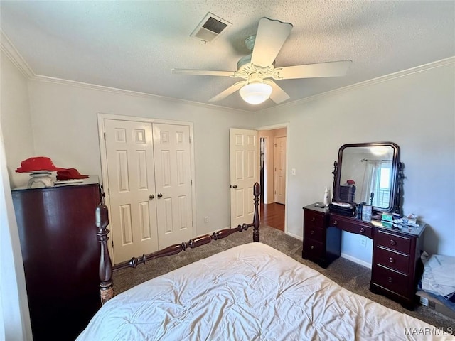 109 Lashley Dr, Selma, AL 36701 - carpeted bedroom with a closet, ornamental molding, visible vents, ceiling fan, and baseboards