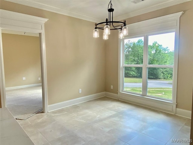 unfurnished dining area with baseboards, a notable chandelier, a healthy amount of sunlight, and crown molding