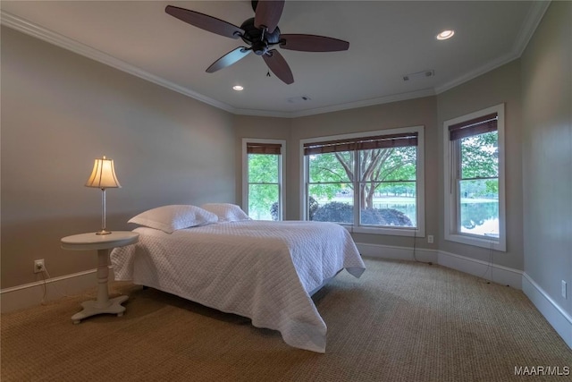 155 Edge Wood Ct, Mathews, AL 36052 - bedroom featuring light carpet, baseboards, recessed lighting, ornamental molding, and ceiling fan