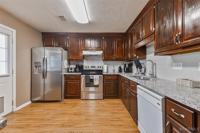 kitchen featuring a sink, stainless steel appliances, visible vents, under cabinet range hood, and light wood-style floors