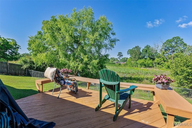 deck with a yard and a fenced backyard