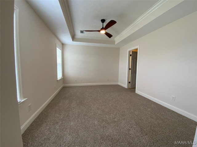 1939 Cedar Ridge Loop, Prattville, AL 36067 - unfurnished room featuring a tray ceiling, ceiling fan, crown molding, dark carpet, and baseboards