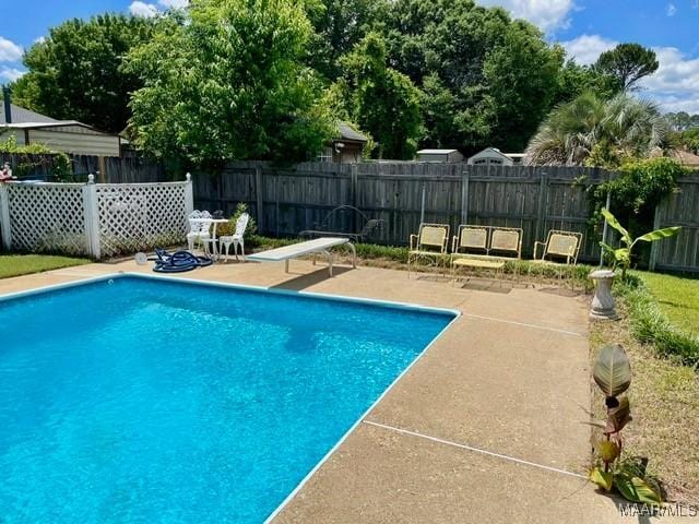 view of swimming pool featuring a patio area, a fenced backyard, and a diving board