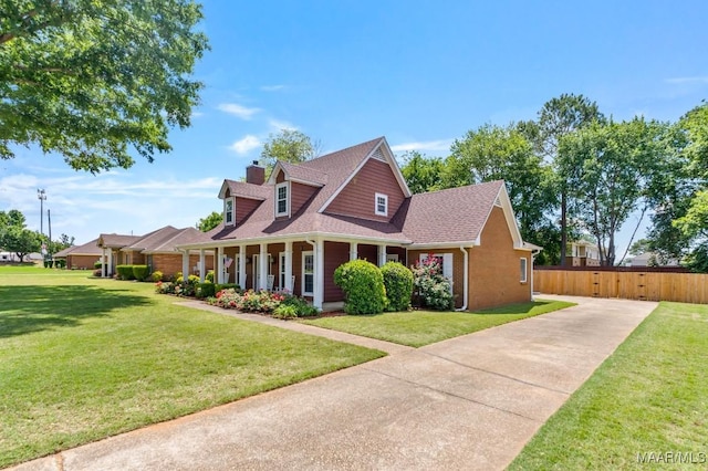 cape cod house with roof with shingles, fence, concrete driveway, a front lawn, and a chimney