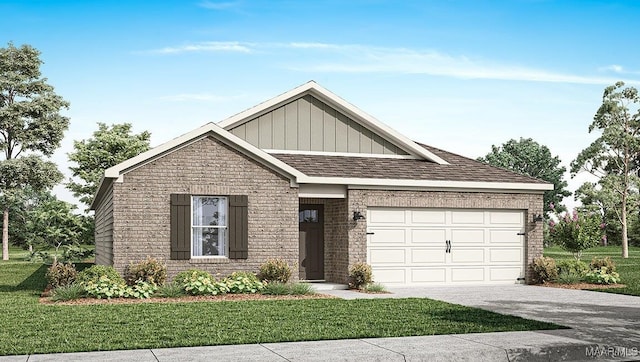 view of front of house with board and batten siding, brick siding, an attached garage, concrete driveway, and a front yard