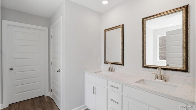 bathroom featuring double vanity, wood finished floors, and a sink