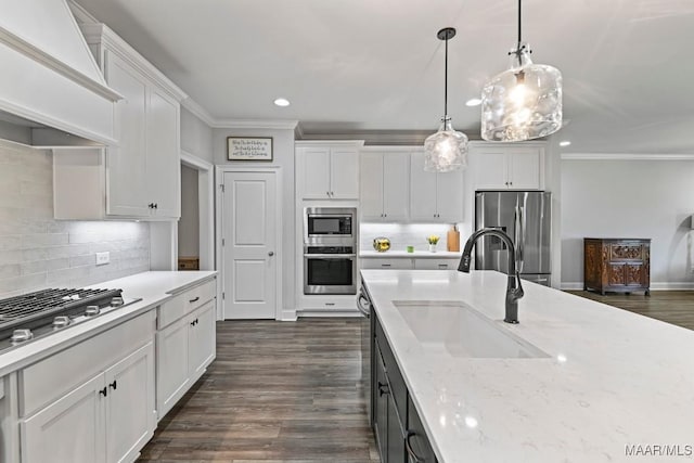 kitchen with ornamental molding, premium range hood, appliances with stainless steel finishes, and a sink