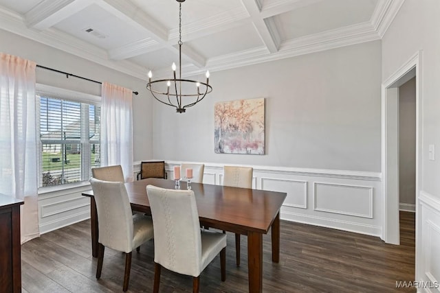 dining area featuring beam ceiling, dark wood-type flooring, visible vents, an inviting chandelier, and coffered ceiling