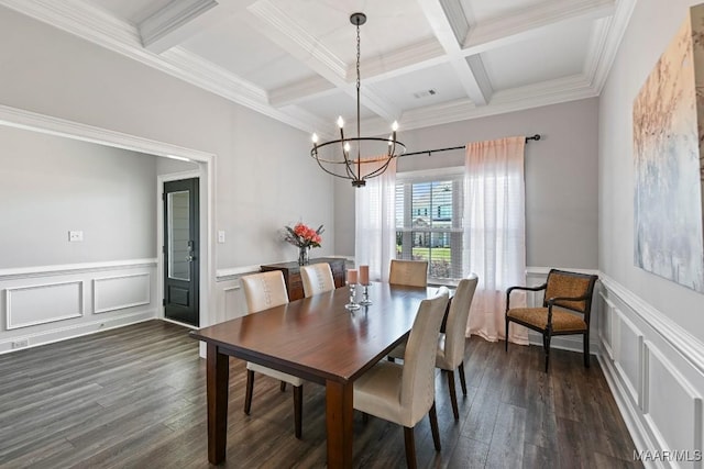 dining area featuring coffered ceiling, a notable chandelier, dark wood-type flooring, a decorative wall, and beamed ceiling