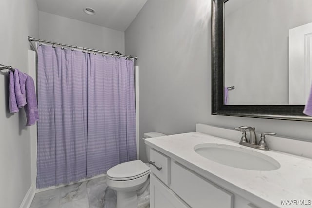 bathroom with toilet, marble finish floor, baseboards, a shower with shower curtain, and vanity