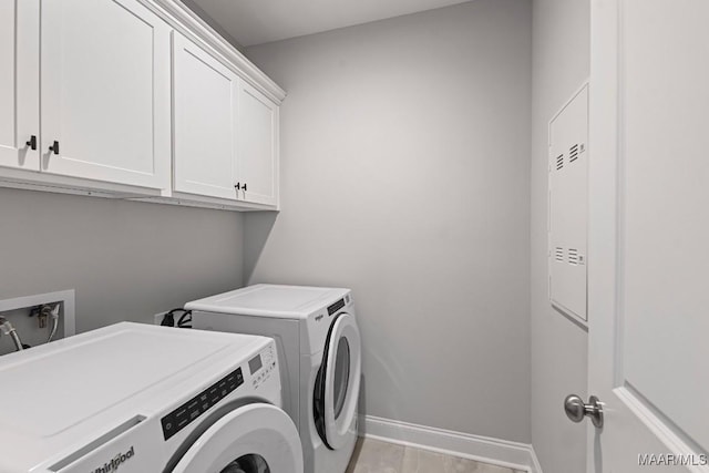 laundry room with cabinet space, washer and dryer, and baseboards