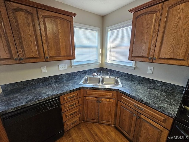 1946 Regent Rd, Prattville, AL 36066 - kitchen featuring a sink, dark wood-style flooring, brown cabinetry, and black dishwasher
