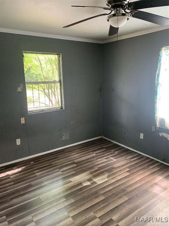 spare room featuring wood finished floors, plenty of natural light, a ceiling fan, ornamental molding, and baseboards