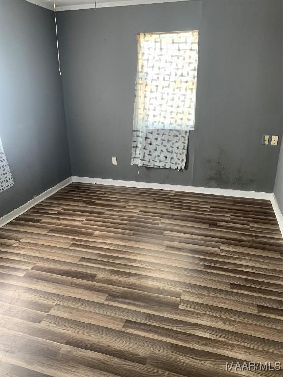 spare room with wood finished floors, baseboards, and crown molding